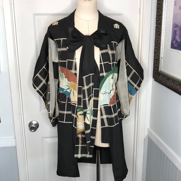 Vintage silk graphic print seagull Kimono robe - Picture 2 of 12